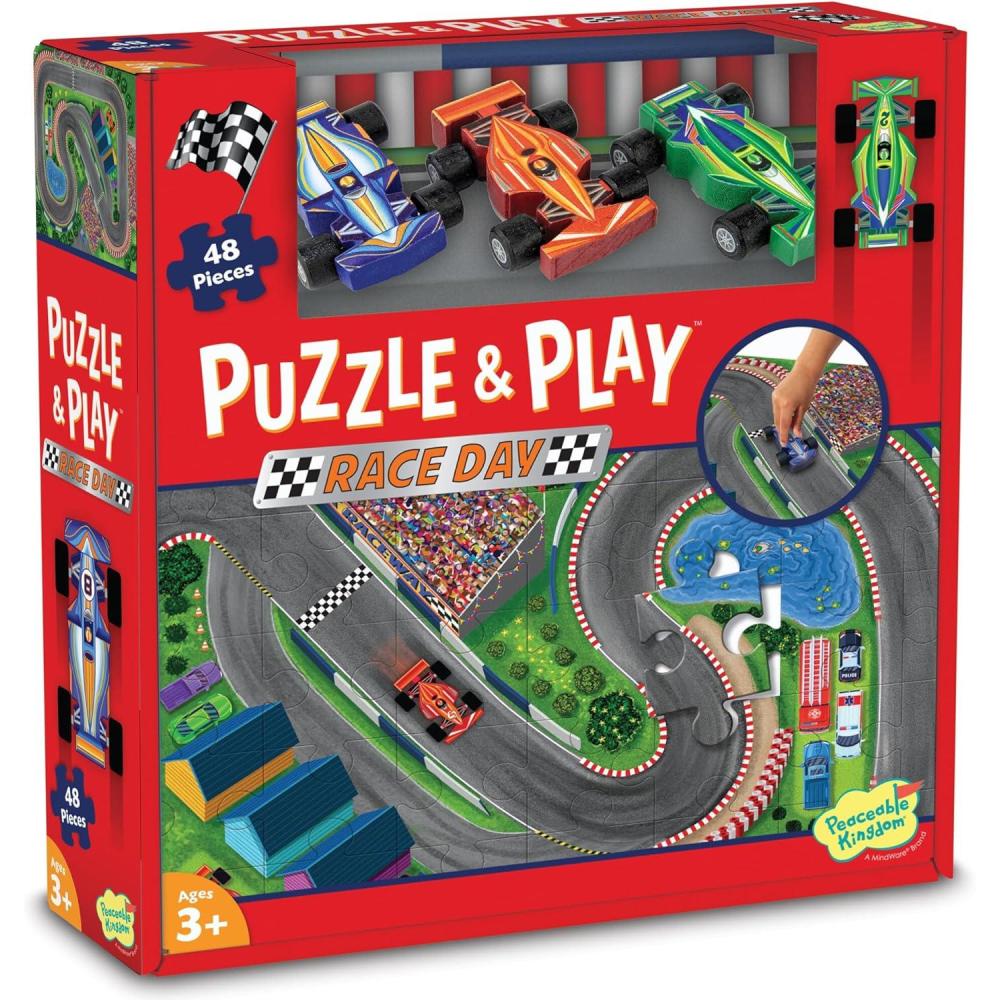 imagePeaceable Kingdom Puzzle ampamp Play Race Day  Floor Puzzle for Kids Ages 3 and Up  Includes 3 Wooden Vehicles to Zoom Around The Race Track Puzzle for a Double Dose of Fun  Measures 26 x 36