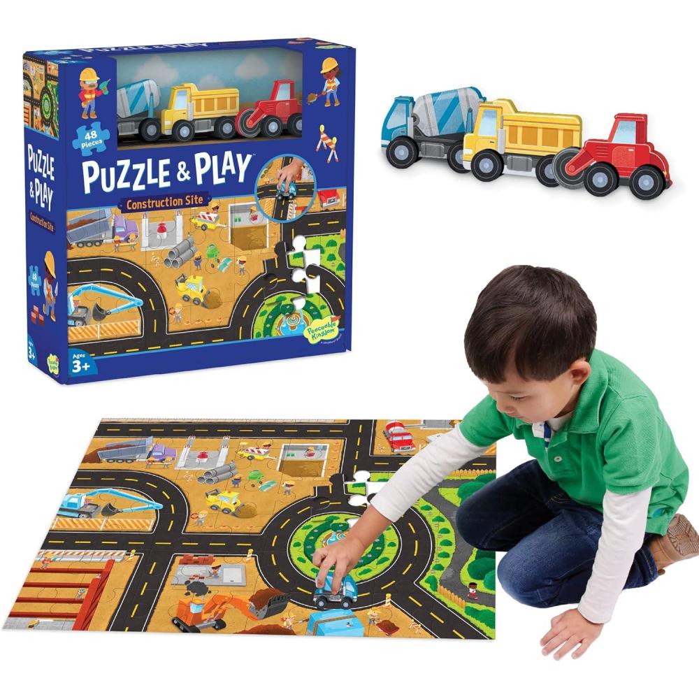 imagePeaceable Kingdom Puzzle and Play Construction Site 48Piece Puzzle Includes 3 Wooden Construction Vehicles Great for Home or Classroom Use for Kids Ages 3 ampamp Up