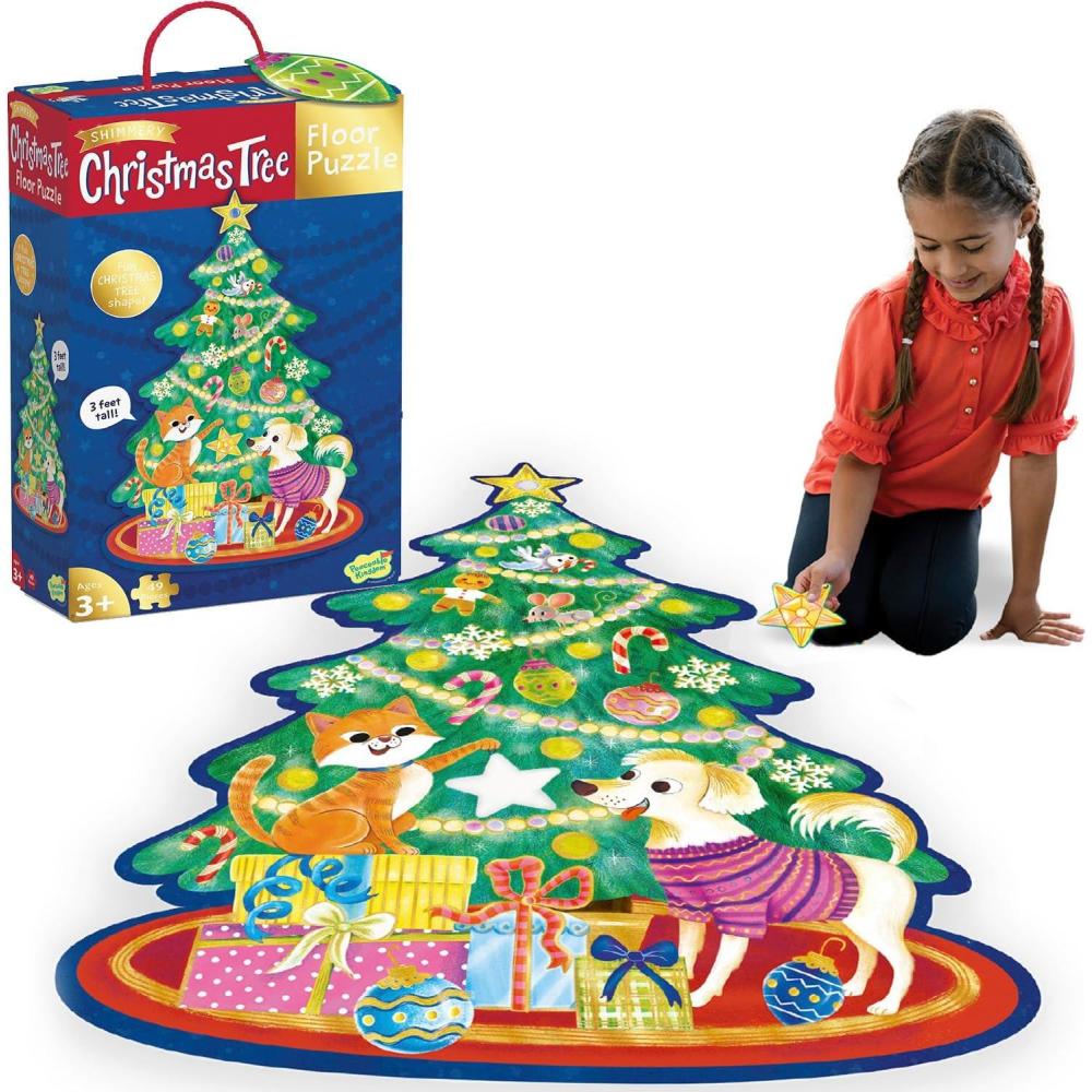 imagePeaceable Kingdom Shimmery Christmas Tree Floor Puzzle Giant Floor Puzzle for Kids Ages 3 ampamp up FunShaped Puzzle Pieces Great for Classrooms