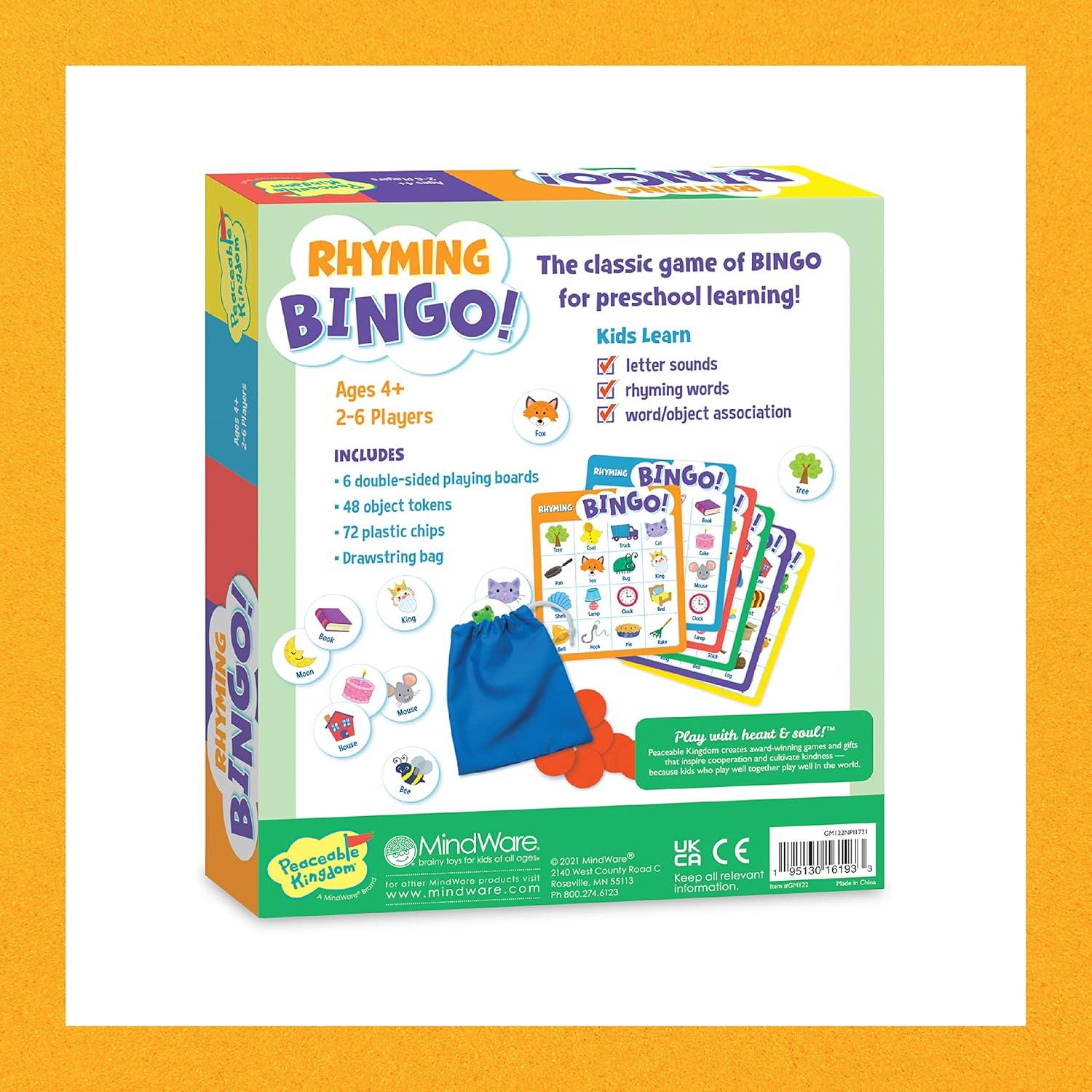 image:imagePeaceable Kingdom Rhyming Bingo Educational Board Game for Kids 6 DoubleSided Playing Boards Ages 4 ampamp Up