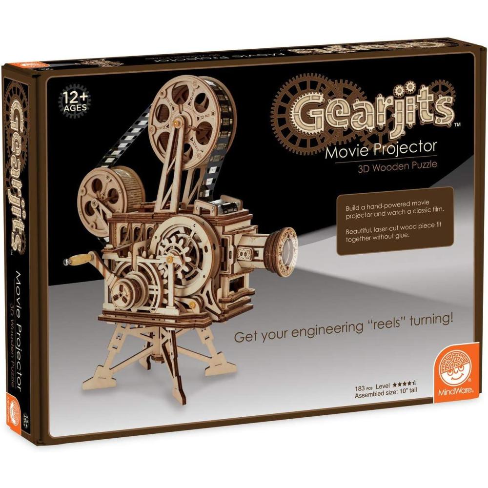 image:imageMindWare Gearjits Movie Projector  Wooden 3D Mechanical Model Kit for Adults and Teens Build Your Own Working Projector