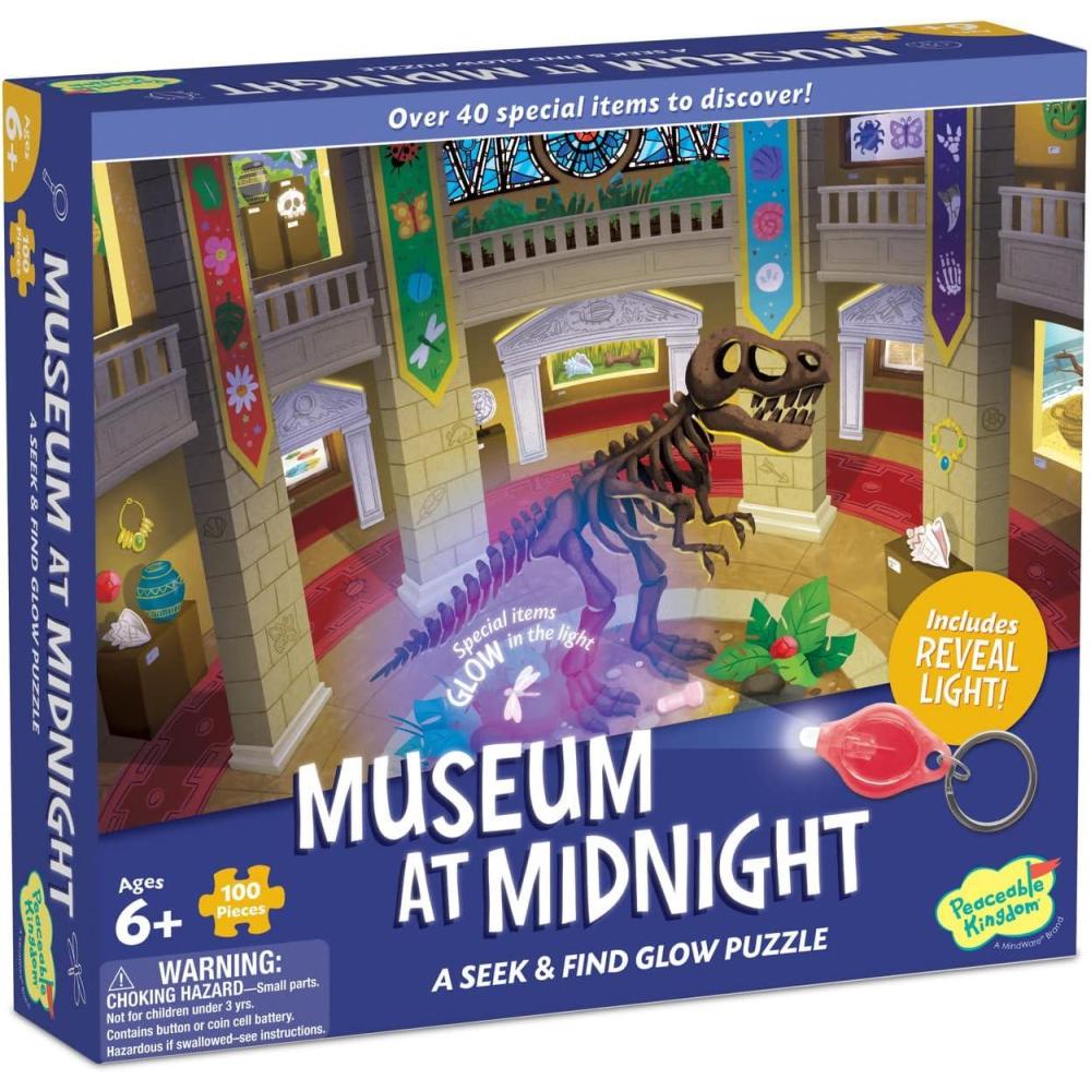 image:imagePeaceable Kingdom Museum at Midnight  100Pc Seek ampamp Find Glow Puzzle for Kids Ages 6 ampamp Up  Included Blacklight Reveals Hidden Items  Great for Home or Classrooms