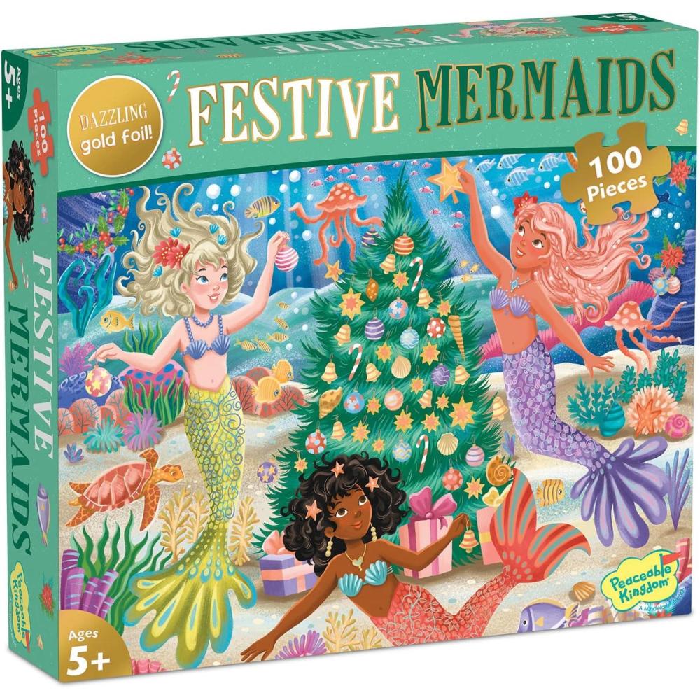 image:imagePeaceable Kingdom Shimmery Festive Mermaids Puzzle 100Piece for Kids Ages 5 ampamp Up Dazzling Gold Foil Pieces Great for Classrooms