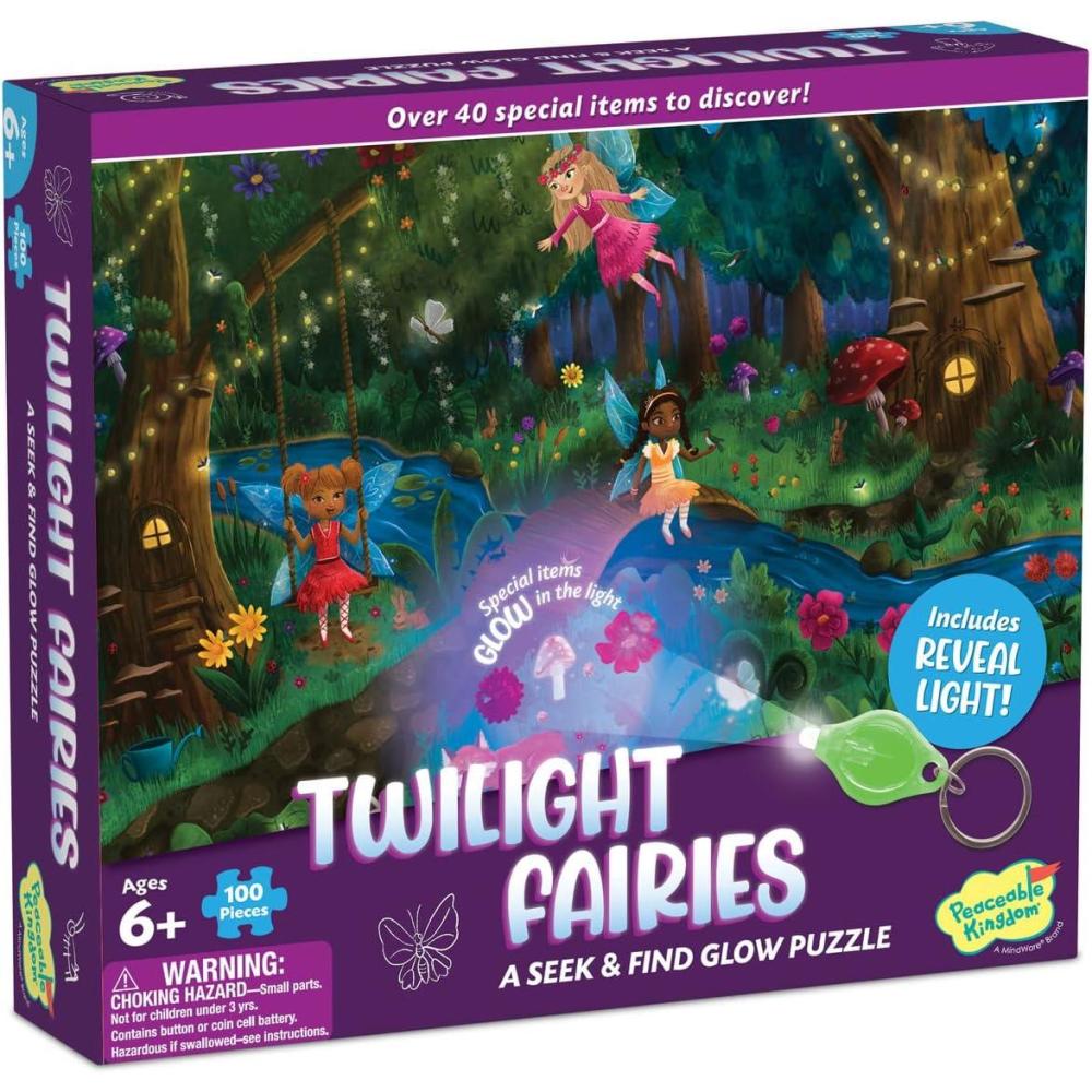 image:imagePeaceable Kingdom Twilight Fairies Puzzle  100Pc Seek ampamp Find Glow Puzzle for Kids Ages 6 ampamp Up  Included Blacklight Reveals Hidden Items  Great for Home or Classrooms