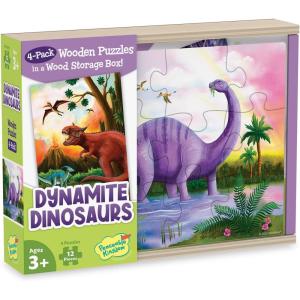 Peaceable Kingdom Dynamite Dinosaurs Wooden Jigsaw Set, Four Design Collection with Storage Box, Preschool Skill Building Activity, Kids Age 3+, Forty Eight Piece Dinosaur Scenes