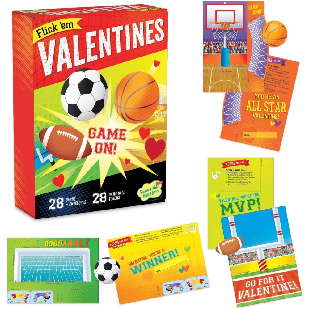image:imagePeaceable Kingdom Valentines Cards for Kids Classroom Set of 28 Valentines Day Gifts  Animal Print Slap BraceletsFlick em Sports Games