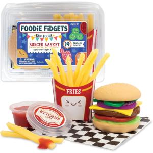 Foodie Fidget Fan Foods – Burger Basket Sensory Toy Set with 19 Tactile Pieces Including Slime, Stretchy Tomato, Squishy Buns & More – Calming Fidget Toy for Kids Ages 5+
