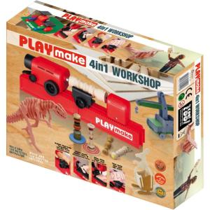 PLAYMAKE 4 in 1 Creative Workshop- Safe for Children from 5 Years – 4 Functions in one Set – Technical Toy for Wood and Cardboard – STEM Education for Children – Sawing, Drilling, Sanding and Turning