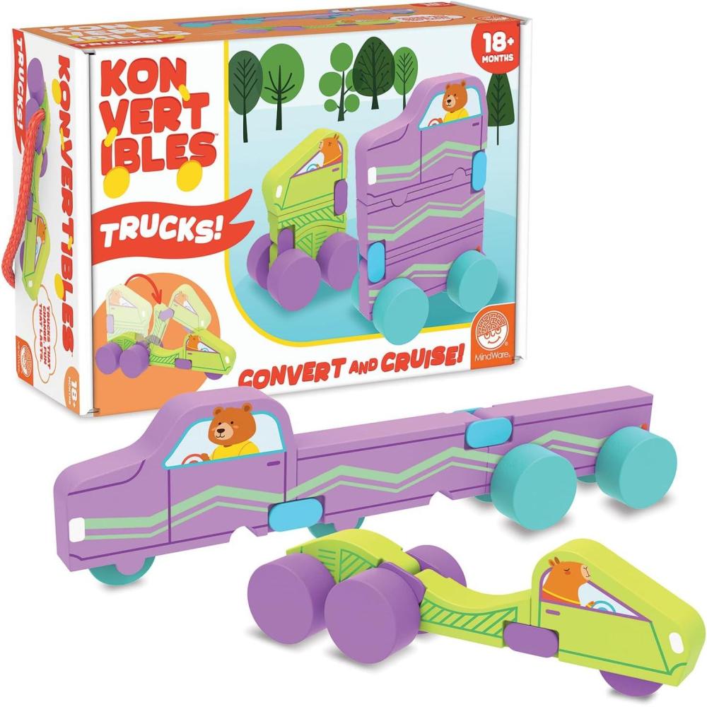 image:imageMindWare Konvertibles Transforming Wooden Trucks  2Piece FlipampChange Vehicle Set with CarryAlong Box That Becomes 3D Road Scene Toddler Toy for Ages18Months