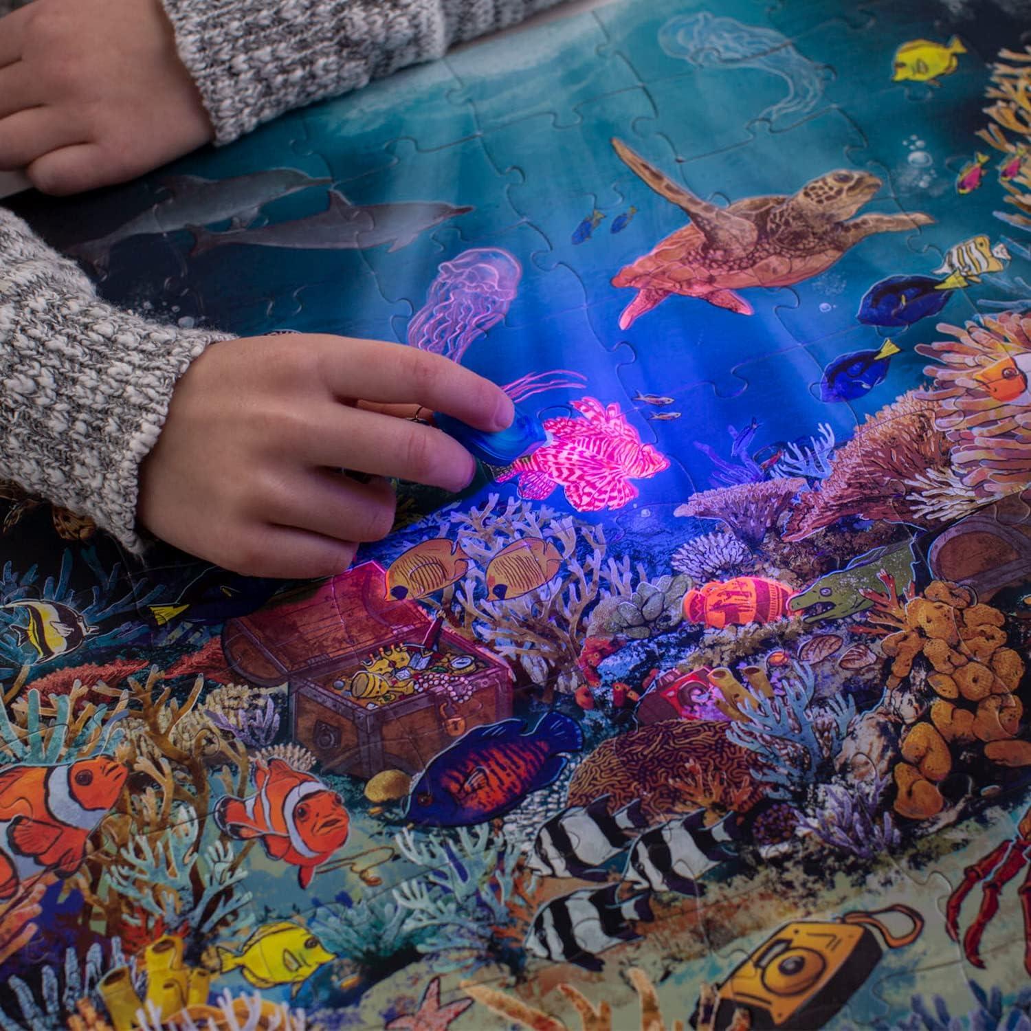 image:imagePeaceable Kingdom Deep Sea Adventure Puzzle 100Pc Seek amp Find Glow Puzzle for Kids Ages 6 amp Up Included Blacklight Reveals Hidden Items Great Family Puzzles