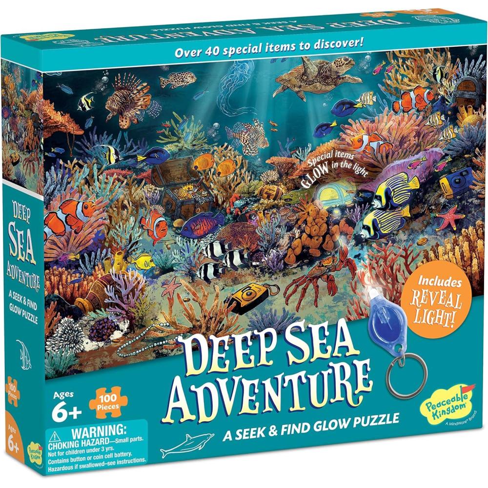 image:imagePeaceable Kingdom Deep Sea Adventure Puzzle  100Pc Seek amp Find Glow Puzzle for Kids Ages 6 amp Up  Included Blacklight Reveals Hidden Items  Great Family Puzzles