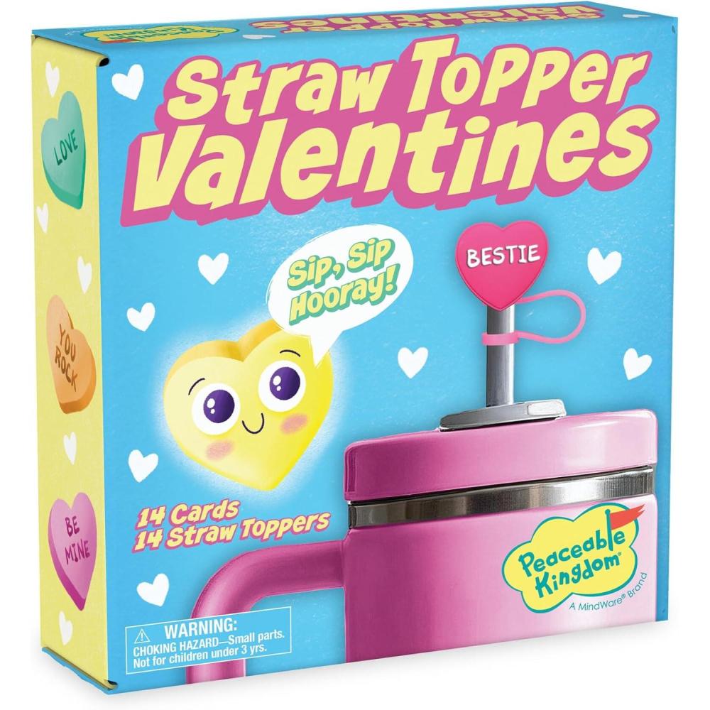 image:imagePeaceable Kingdom Valentines Cards for Kids Classroom Set of 28 Valentines Day Gifts  Sticky Hands14 Straw Topper Valentines