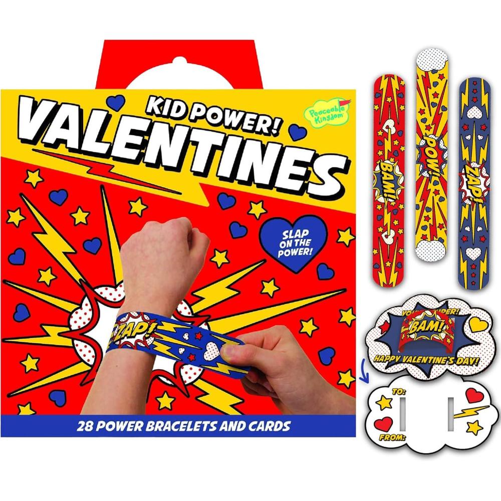 image:imagePeaceable Kingdom Valentines Cards for Kids Classroom Set of 28 Valentines Day Gifts  Sticky HandsKid Power Slap Bracelets