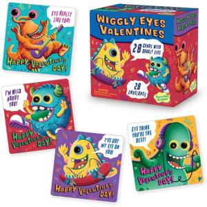 Peaceable Kingdom Valentines Cards for Kids Classroom, Set of 28 Valentines Day Gifts – Sticky Hands(28 Wiggly Eye Monster Valentine)