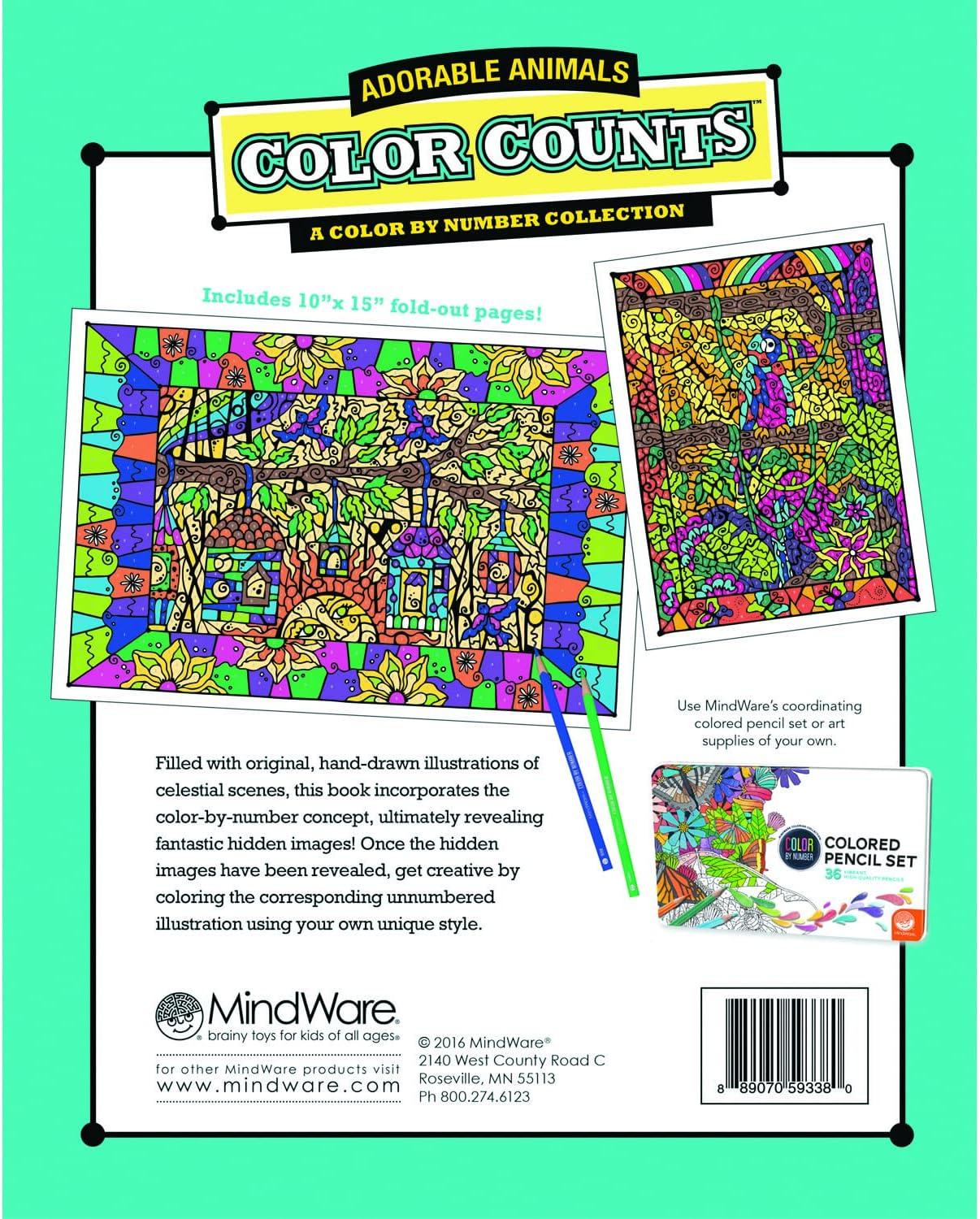 image:imageMindWare Color by Number Color Counts Adorable Animals  Coloring Book for Kids and Adults with 24 Perforated Pages Printed on Artist Quality Paper