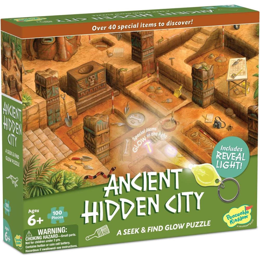 image:imagePeaceable Kingdom Ancient Hidden City Puzzle 100Pc Seek amp Find Glow Puzzle for Kids Ages 6 amp Up Included Blacklight Reveals Hidden Items Great for Home or Classrooms
