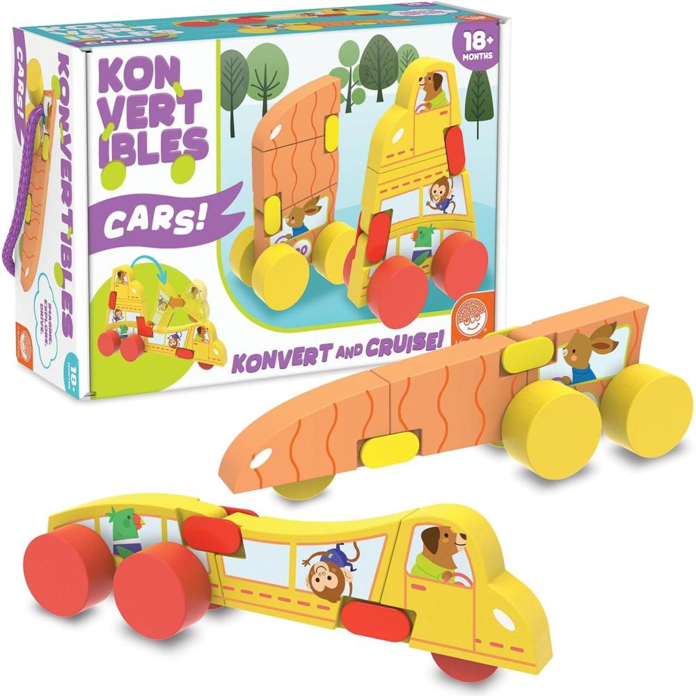 image:imageMindWare Konvertibles Transforming Wooden Cars 2Piece FlipampChange Vehicle Set with CarryAlong Box That Becomes 3D Road Scene Toddler Toy for Ages18Months