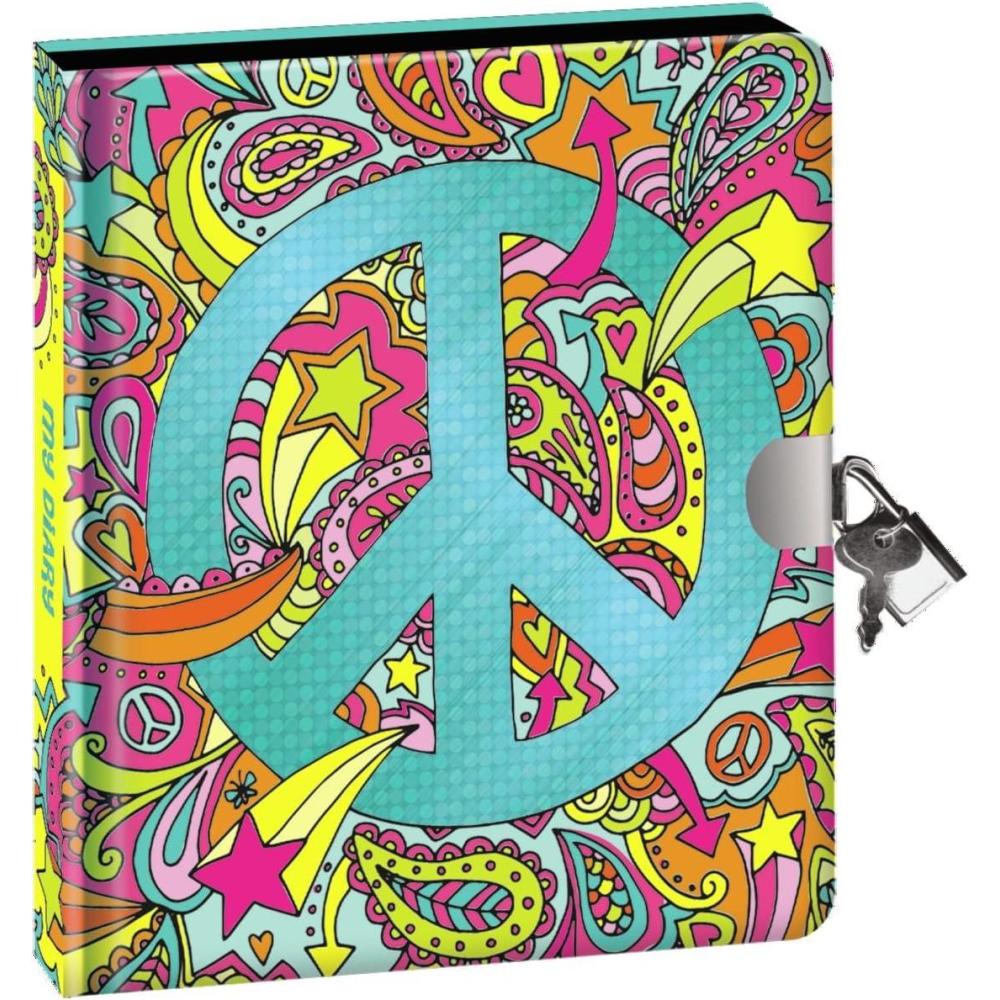 image:imagePeaceable Kingdom Paisley Peace Sign Foil Cover 625 Lock and Key Diary with Black Pages and Silver Pen