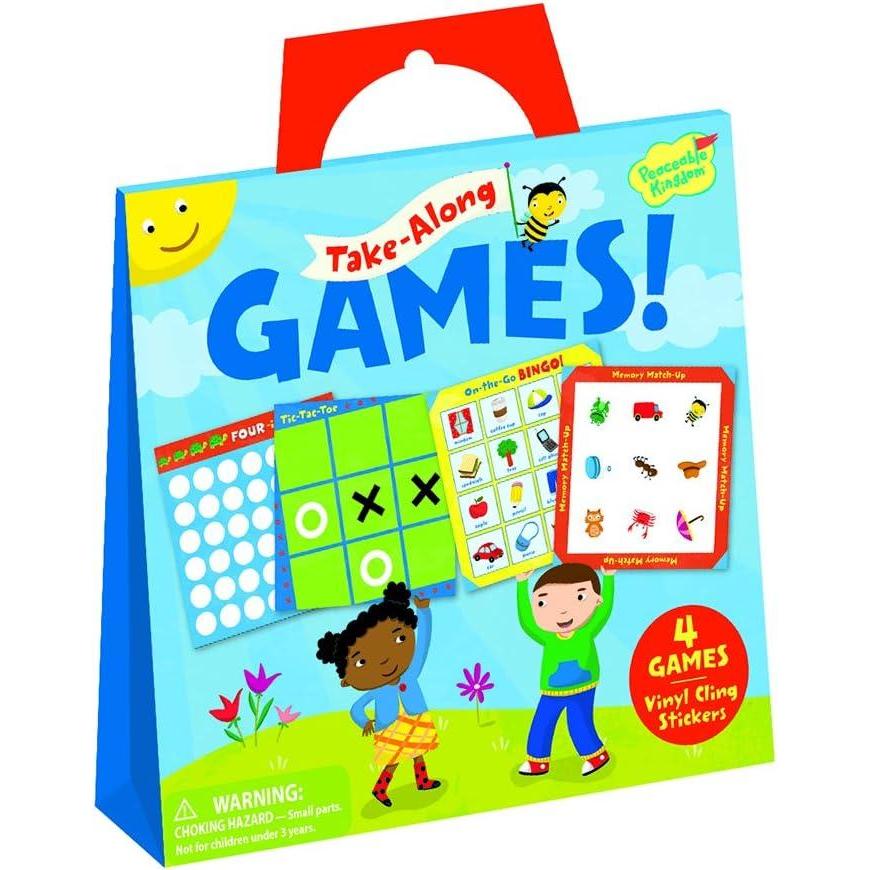 image:imagePeaceable Kingdom Take Along Games Reusable Sticker Tote Portable Activity Set with Static Cling Play Boards and Scenes Mess Free Travel Entertainment Kids Age 3 Four Game Collection
