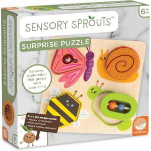 MindWare Sensory Sprouts Surprise Puzzle – Wooden Baby Puzzle with Mirror, Bells & Beads – Educational Toy for Infants & Toddlers 6+ Months Montessori Baby Toy