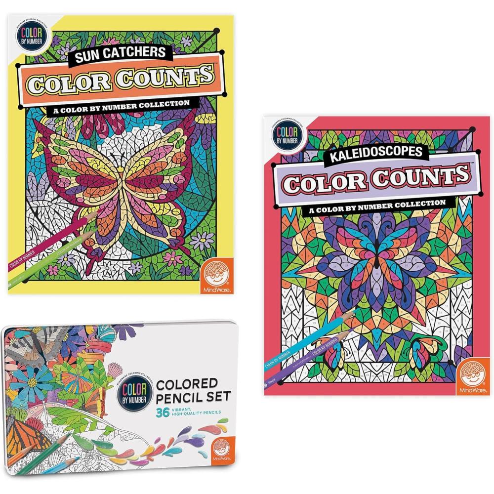 image:imageMindWare Color Counts Set of 2 Color by Number Books  Kaleidoscope amp Sun Catchers  Includes Numbered Colored Pencils  Fun Art Projects amp Kids Crafts  Ages 6 and Up