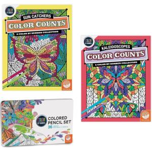 MindWare Color Counts Set of 2 Color by Number Books : Kaleidoscope & Sun Catchers – Includes Numbered Colored Pencils – Fun Art Projects & Kids Crafts – Ages 6 and Up