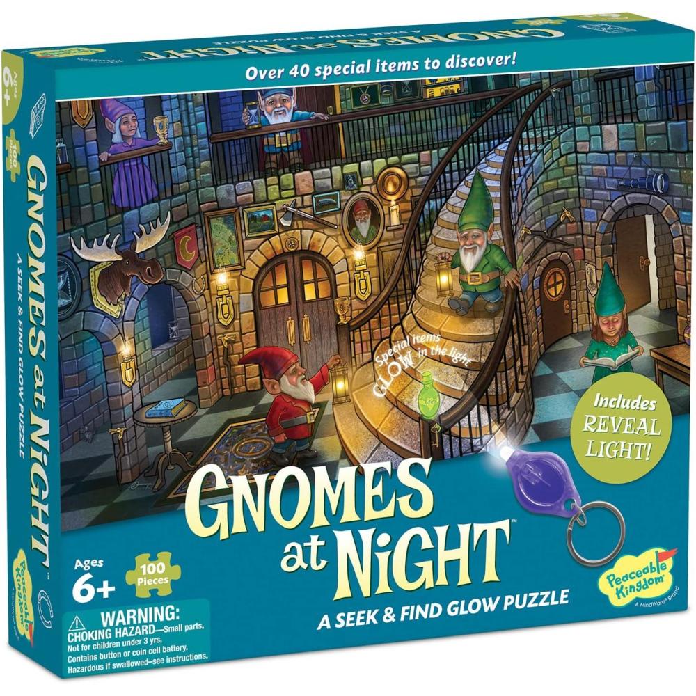 image:imagePeaceable Kingdom Gnomes at Night Puzzle  100Pc Seek amp Find Glow Puzzle for Kids Ages 6 amp Up  Included Blacklight Reveals Hidden Items  Great for Home or Classrooms