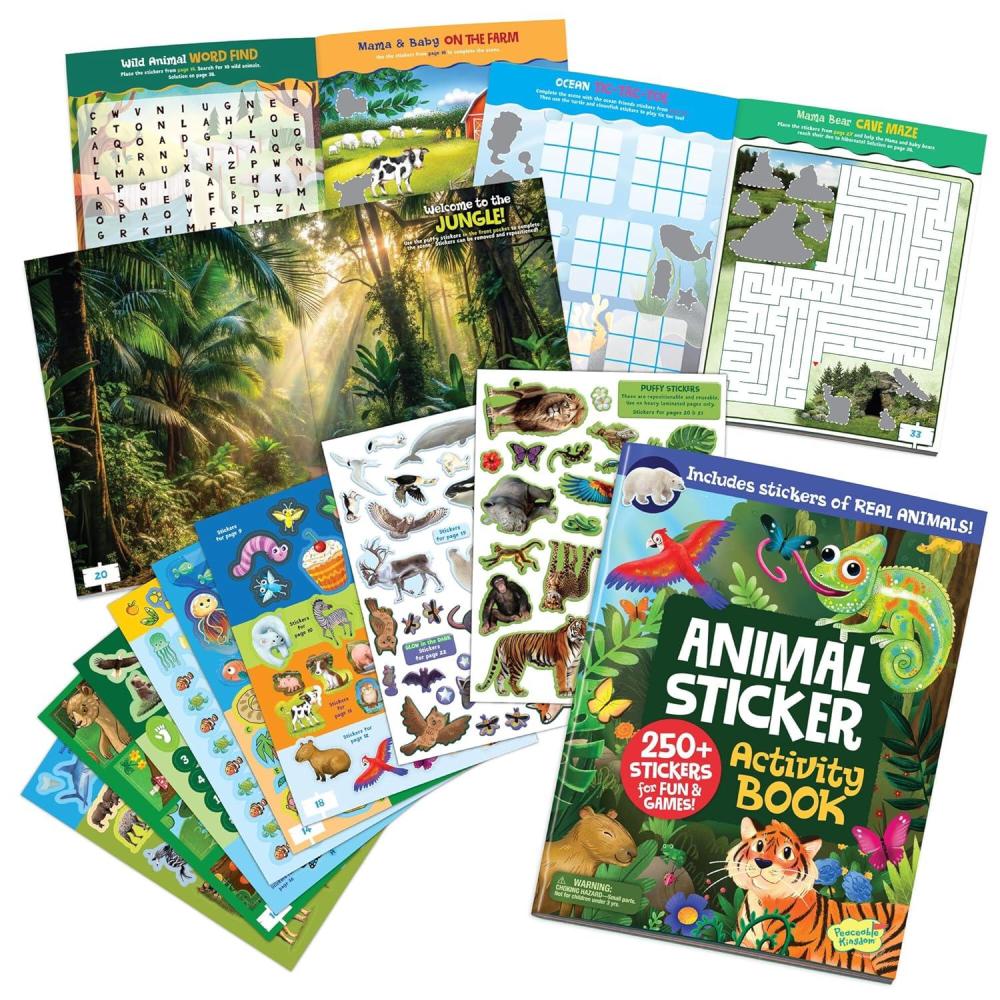 image:imagePeaceable Kingdom Animals Sticker Activity Book 200 Colorful Stickers 38 Pages of Coloring Puzzles amp Reusable Puffy Sticker Scenes for Ages 3