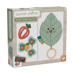 MindWare Sensory Sprouts Infant Essentials Set – Baby Sensory Toys for Ages 3+ Months – Crinkle Paper with Ribbons, Teether, and Spinner – Tactile Play & Development – Montessori Toys
